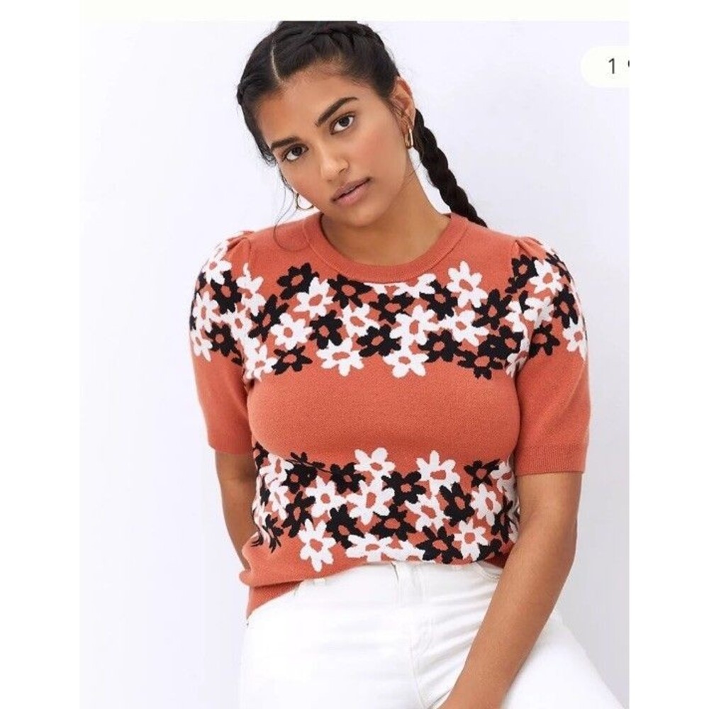 Maeve Anthropologie Floral Jacquard Knit Top Womens M Orange Puff Sleeve